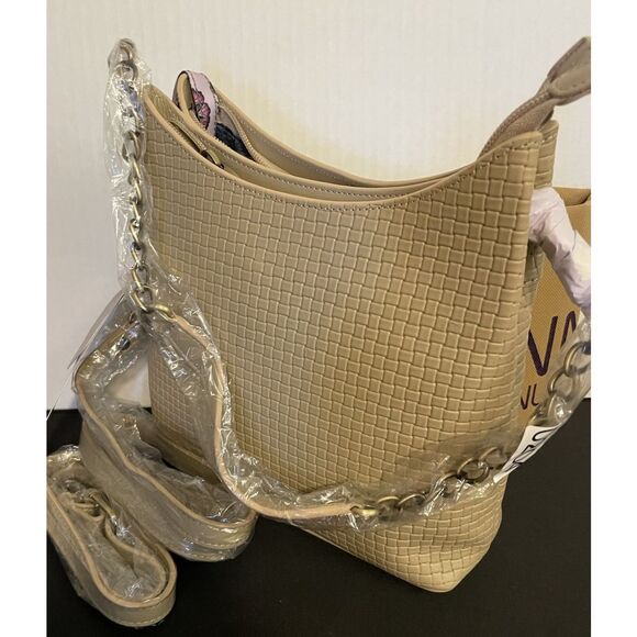 ANUSCHKA Almond Woven Genuine Leather TopZip Bucket Shoulder Bag Crossbody Purse - Picture 4 of 8